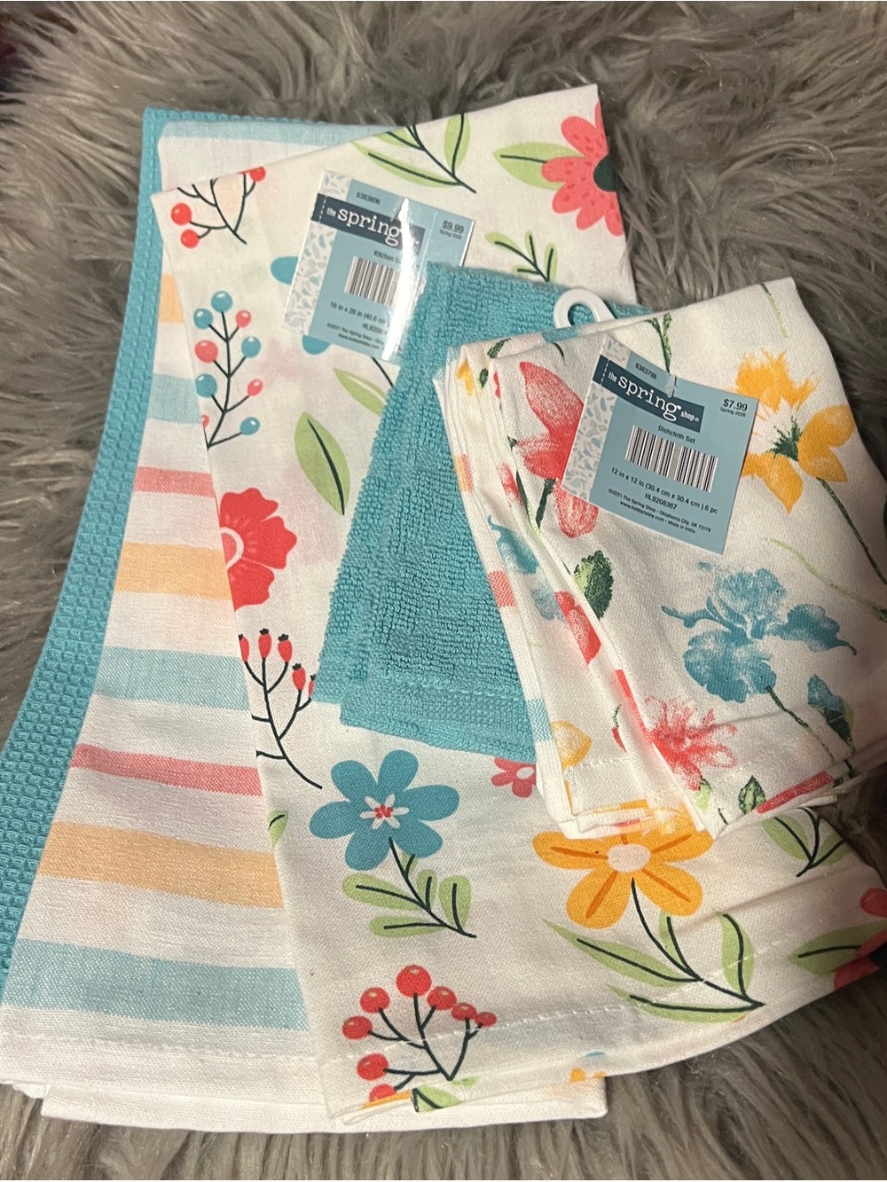 The Spring Shop Floral & Stripe Cotton Kitchen Towel Set - Teal, Yellow, Coral